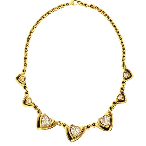 Designer Guy Laroche Gold Plated Swarovski Crystal Heart Link Runway Necklace - Picture 1 of 7